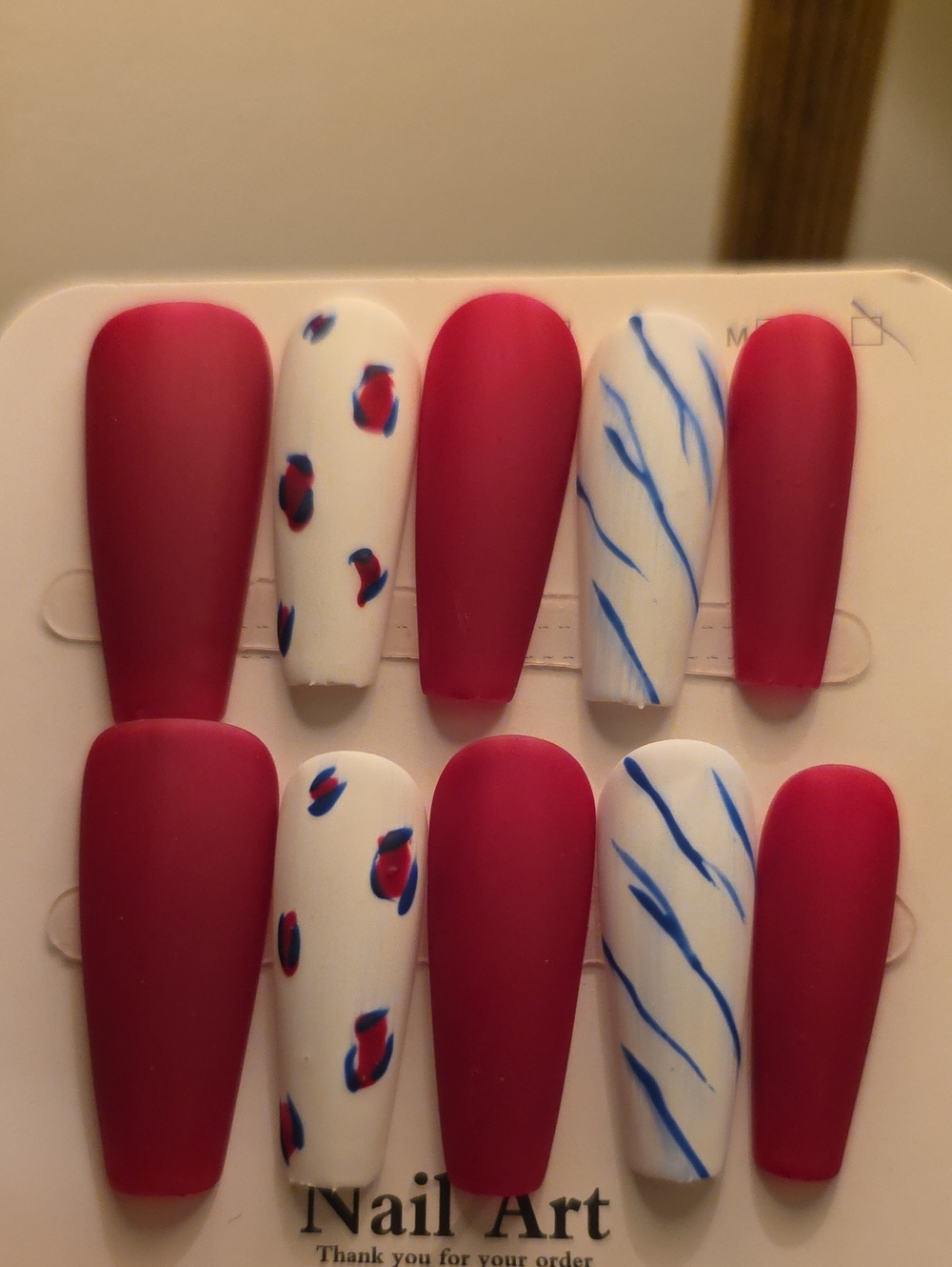 Matte Berry Red and White Nail Set with Blue Accents - Size Large